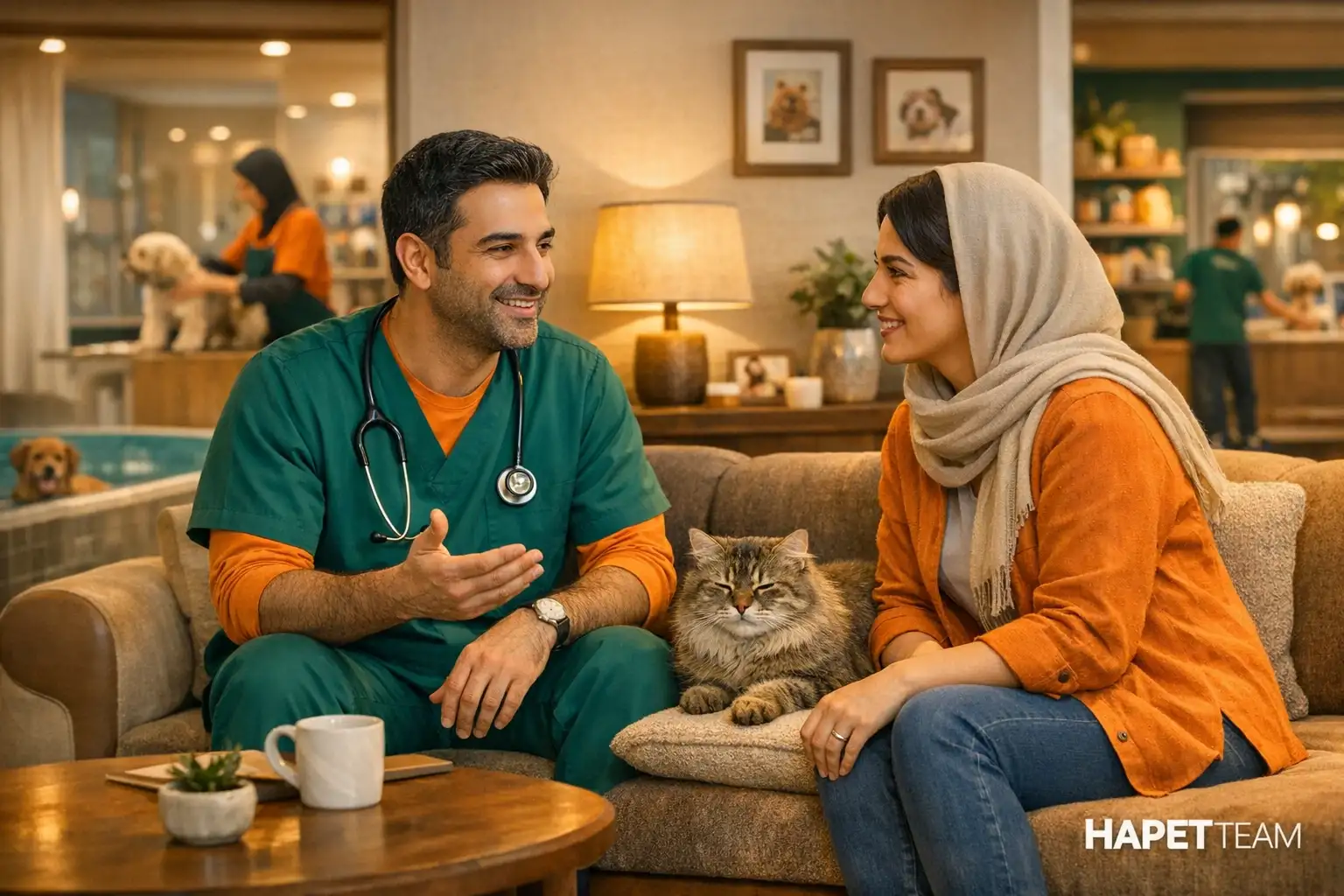 تصویر یک دامپزشک مهربان در حال صحبت با صاحب حیوان، سگ یا گربه آرام کنار آن‌ها