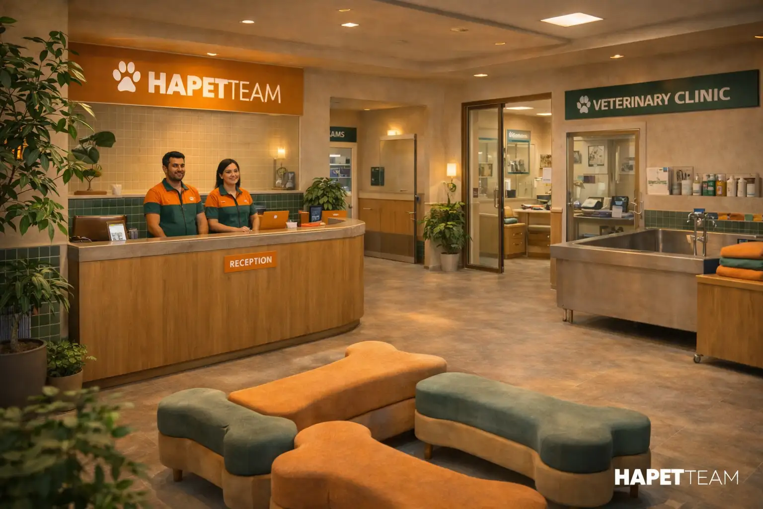 تصویر کلی از یک کلینیک دامپزشکی مدرن و تمیز با لوگوی Hapet Team